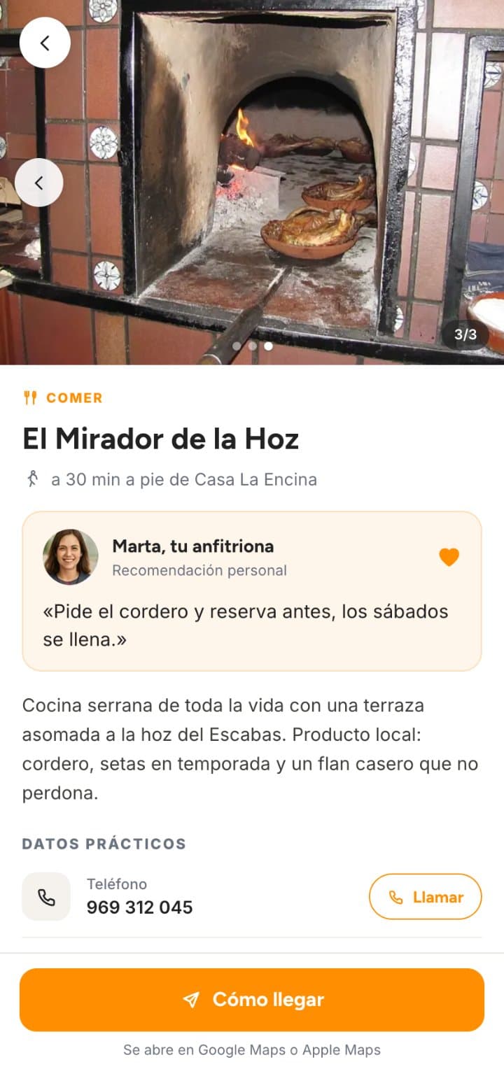 Ficha de un sitio recomendado, con foto